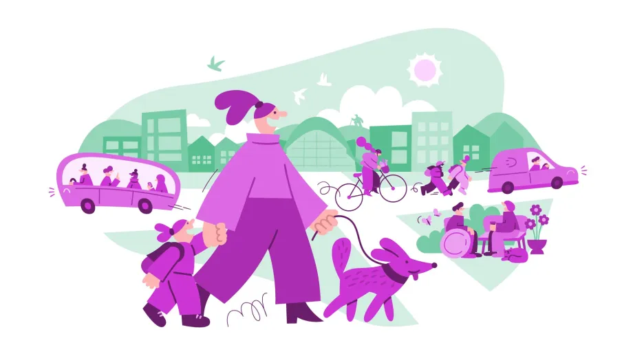 En tegning av bybildet i Tromsø med fotgjengere, syklister og andre trafikkanter. Tegningen er en illustrasjon for Bypakken Tenk Tromsø