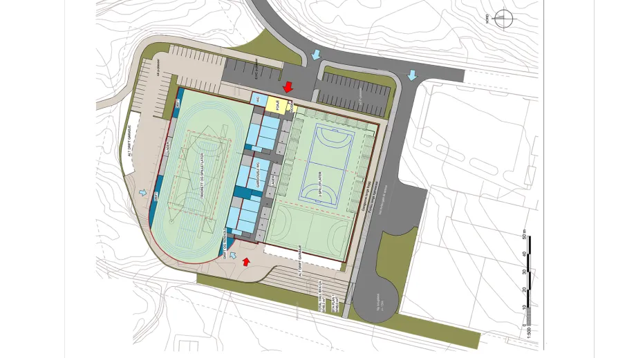 Illustrasjon av første etasje i nye Tromsøhallen.