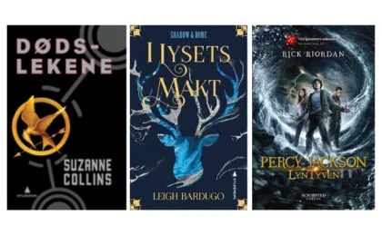 Elever anbefaler fantasy og dystopi Tre bøkers forside: Dødslekene, Lysets makt og Lyntyven. Illustrasjon