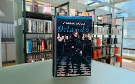 Ei bok med fronten vendt mot kamera. Bokens tittel er "Orlando." I bakgrunnen st&aring;r det bokhyller. Foto