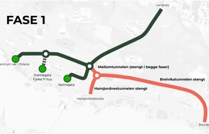 Kartutsnitt tunneler i Tromsø Kart som viser stengte og åpne tunneler