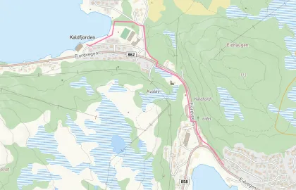 Kart som viser trasé for ny avløpsledning i Kaldfjorden